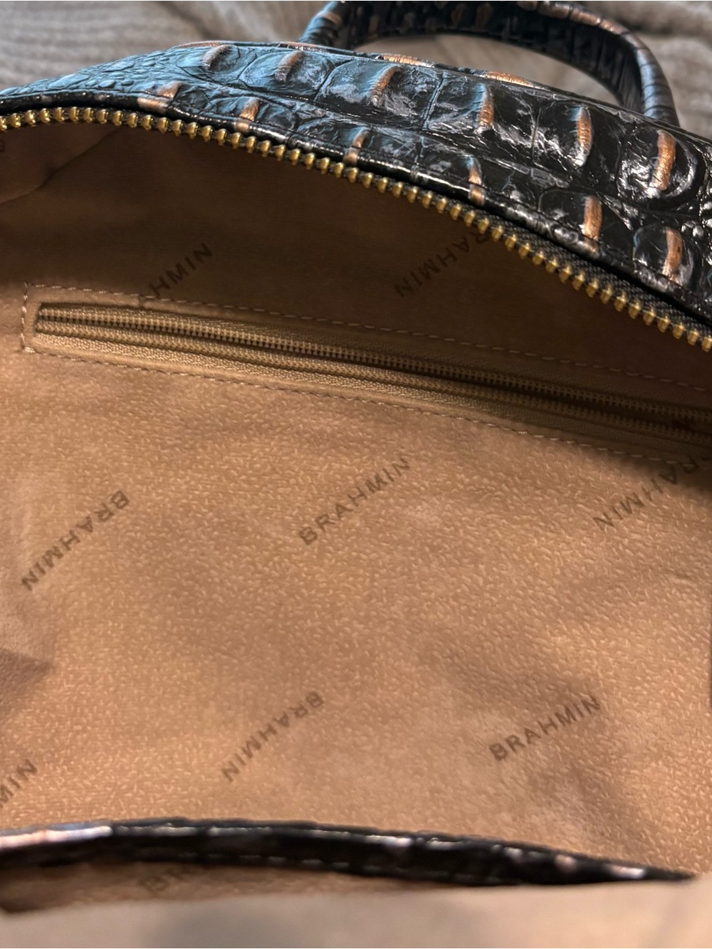 Brahmin Black and Brown Croc-Embossed Mini Backpack with Gold Plaque Accent - Picture 4 of 4